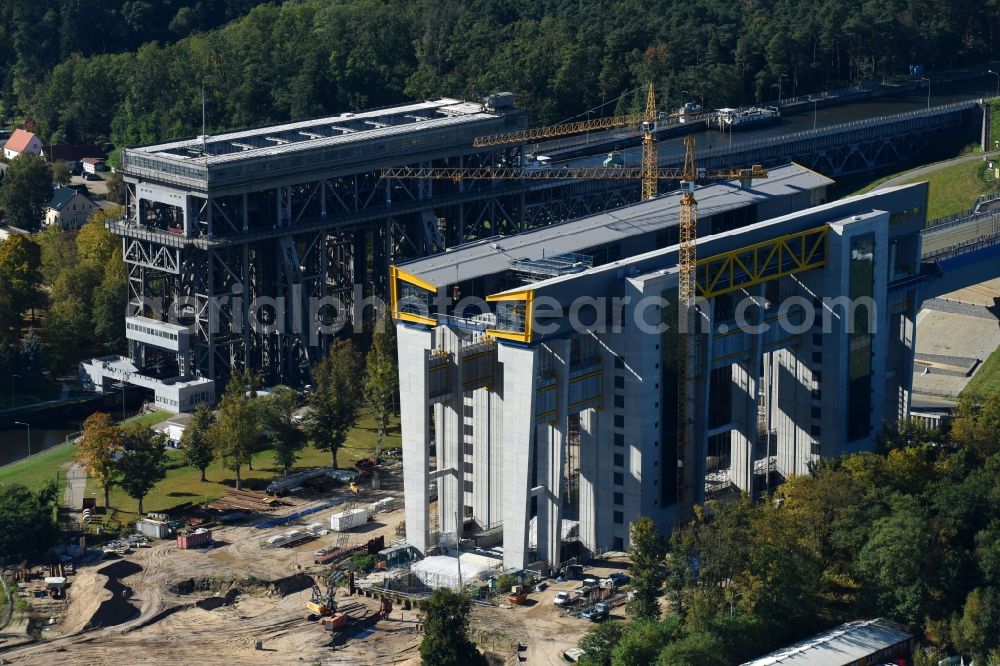 Niederfinow from above - Construction of the Niederfinow ship lift on the Finow Canal in the state of Brandenburg