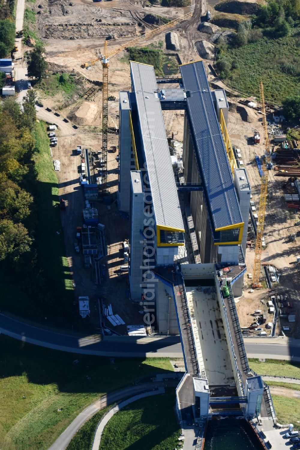 Aerial image Niederfinow - Construction of the Niederfinow ship lift on the Finow Canal in the state of Brandenburg