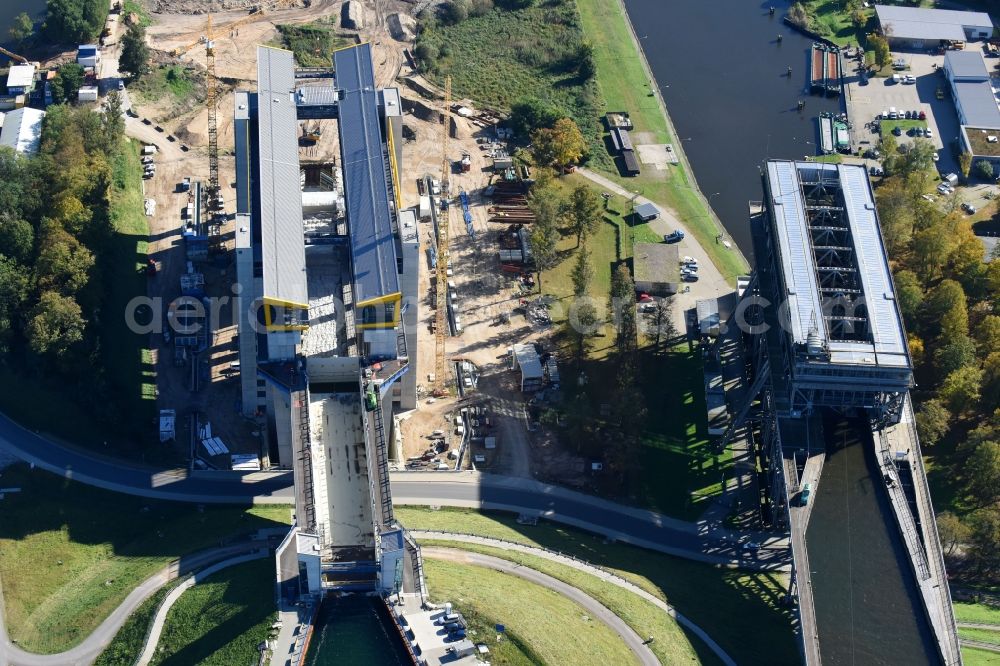 Aerial photograph Niederfinow - Construction of the Niederfinow ship lift on the Finow Canal in the state of Brandenburg