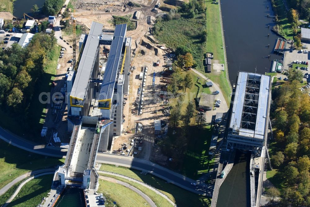 Niederfinow from above - Construction of the Niederfinow ship lift on the Finow Canal in the state of Brandenburg