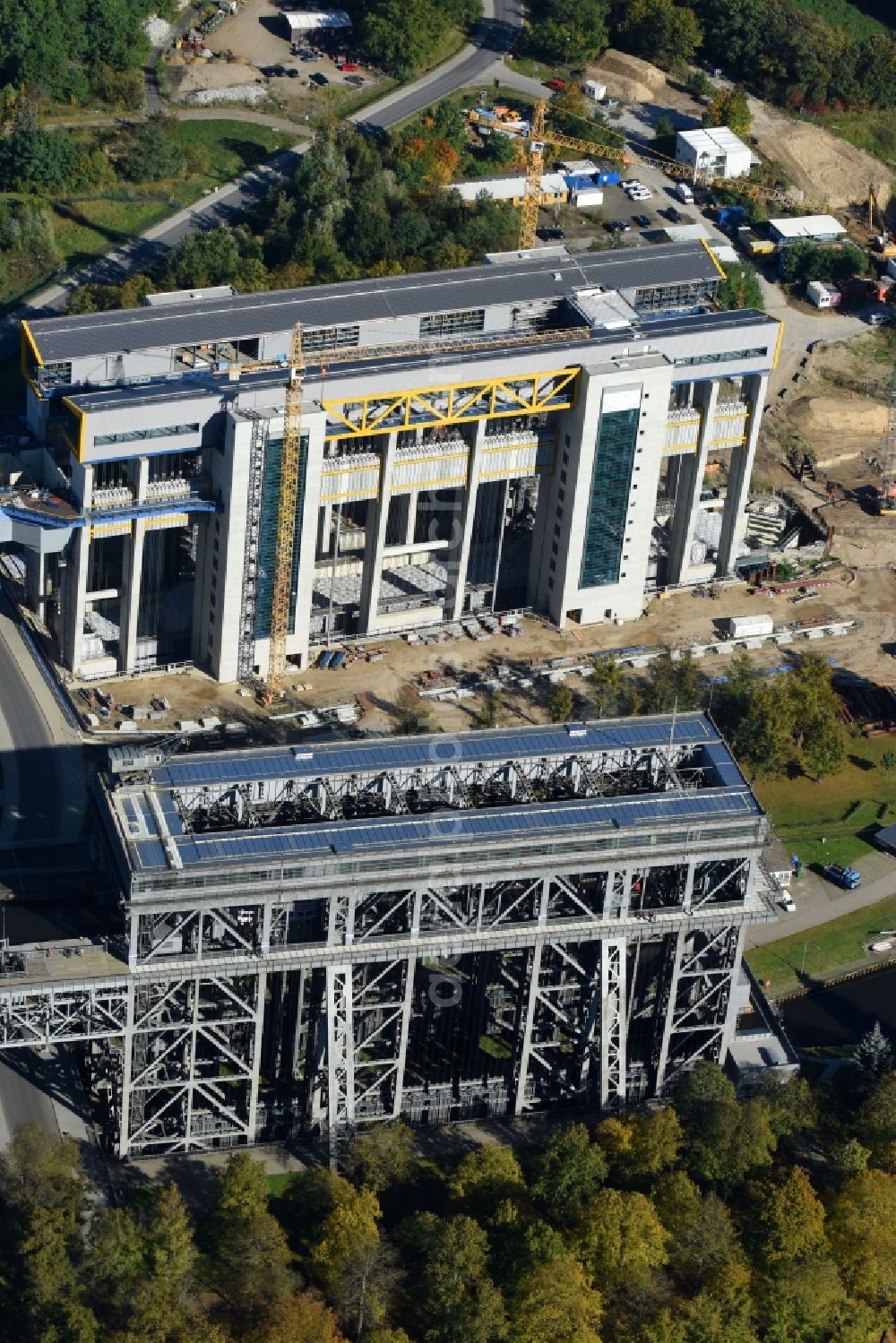 Aerial image Niederfinow - Construction of the Niederfinow ship lift on the Finow Canal in the state of Brandenburg