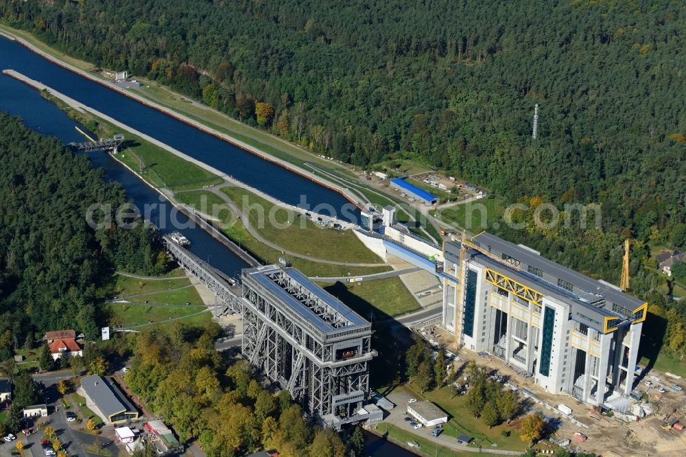 Niederfinow from the bird's eye view: Construction of the Niederfinow ship lift on the Finow Canal in the state of Brandenburg