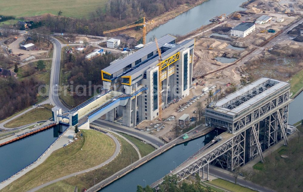 Niederfinow from above - Construction of the Niederfinow ship lift on the Finow Canal in the state of Brandenburg