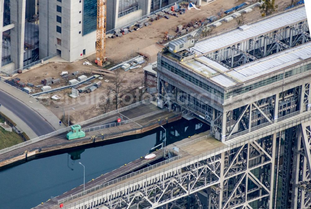 Niederfinow from the bird's eye view: Construction of the Niederfinow ship lift on the Finow Canal in the state of Brandenburg