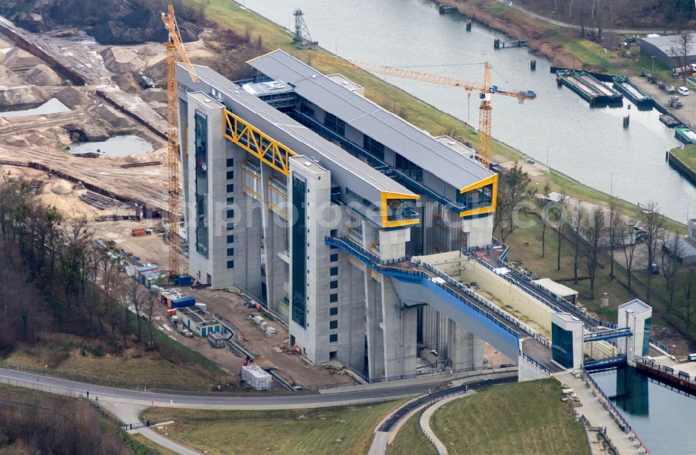 Aerial photograph Niederfinow - Construction of the Niederfinow ship lift on the Finow Canal in the state of Brandenburg