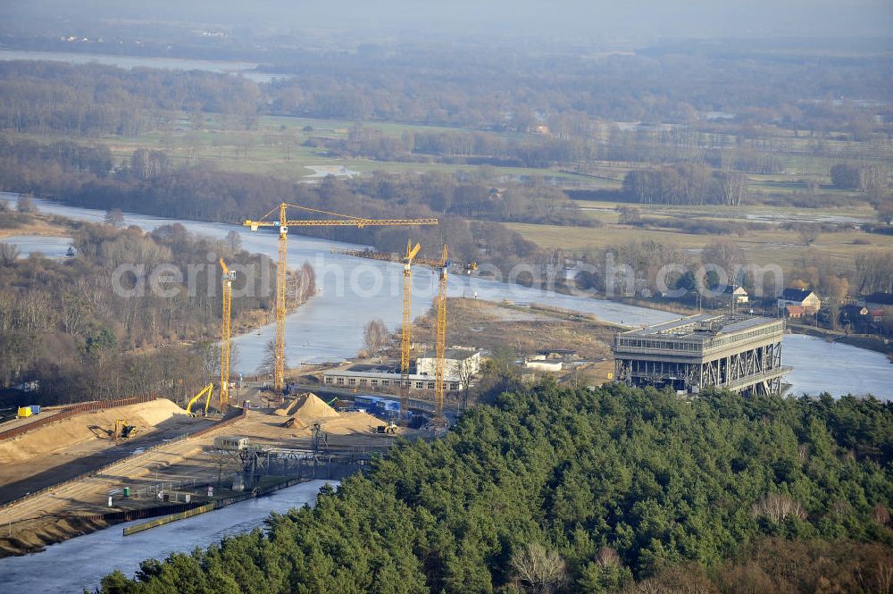 Niederfinow from above - Blick auf die Baustelle des Neubaus des Schiffshebewerkes Niederfinow Nord durch die DSD Brückenbau GmbH, die Johann Bunte Bauunternehmung GmbH & Co. KG , Bilfinger Berger Ingenieurbau GmbH und die Siemag GmbH. Look at the new building of the boat lift Niederfinow North Bridge. The new building needed because the old boat lift of 1934 has now reached the end of its life. To maintain the function of the Havel-Oder waterway, it must therefore be replaced by a new building on schedule.