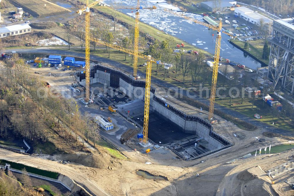 Niederfinow from above - Blick auf die Baustelle des Neubaus des Schiffshebewerkes Niederfinow Nord durch die DSD Brückenbau GmbH, die Johann Bunte Bauunternehmung GmbH & Co. KG , Bilfinger Berger Ingenieurbau GmbH und die Siemag GmbH. Look at the new building of the boat lift Niederfinow North Bridge. The new building needed because the old boat lift of 1934 has now reached the end of its life. To maintain the function of the Havel-Oder waterway, it must therefore be replaced by a new building on schedule.