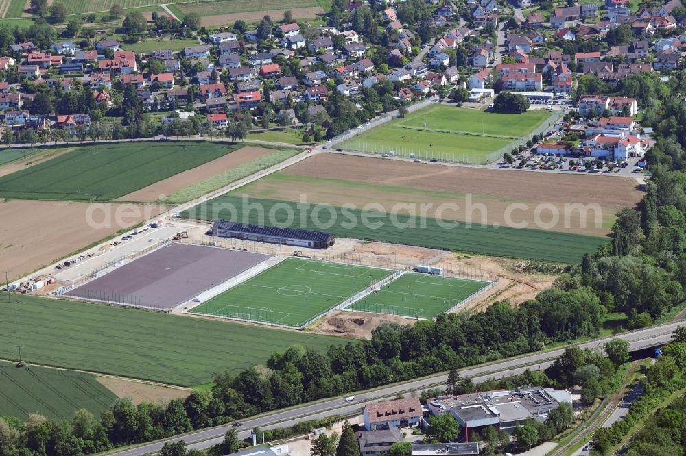 Binzen from the bird's eye view: Construction of new esemble of sports grounds in Binzen in the state Baden-Wurttemberg, Germany