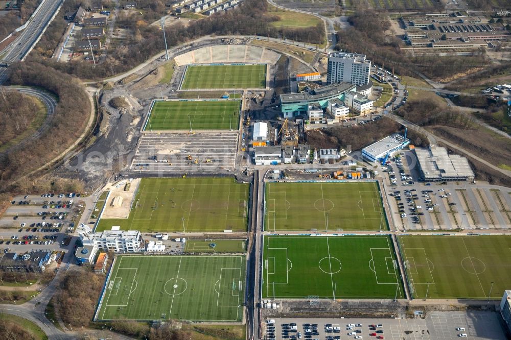 Aerial image Gelsenkirchen - Construction of new Ensemble of sports grounds of FC Gelsenkirchen-Schalke 04 e.V. between the Ernst-Kuzorra-Weg and of the Parkallee in the district Gelsenkirchen-Ost in Gelsenkirchen in the state North Rhine-Westphalia, Germany. With a view of the building complex of the Hotel Courtyard Gelsenkirchen 