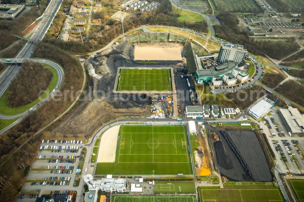 Gelsenkirchen from above - Construction of new Ensemble of sports grounds of FC Gelsenkirchen-Schalke 04 e.V. between the Ernst-Kuzorra-Weg and of the Parkallee in the district Gelsenkirchen-Ost in Gelsenkirchen in the state North Rhine-Westphalia, Germany. With a view of the building complex of the Hotel Courtyard Gelsenkirchen 