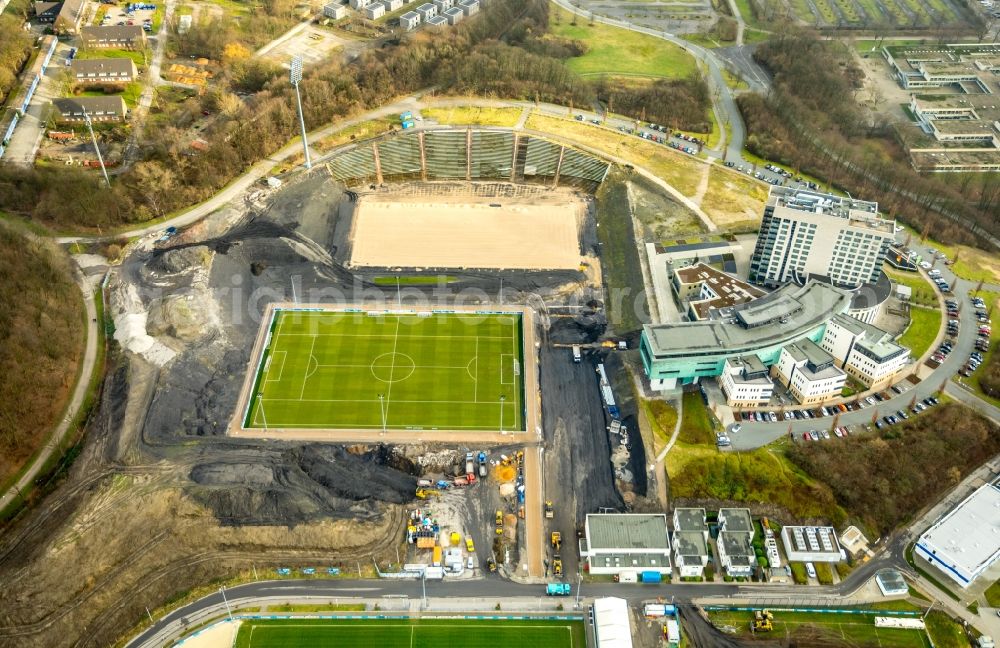 Gelsenkirchen from the bird's eye view: Construction of new Ensemble of sports grounds of FC Gelsenkirchen-Schalke 04 e.V. between the Ernst-Kuzorra-Weg and of the Parkallee in the district Gelsenkirchen-Ost in Gelsenkirchen in the state North Rhine-Westphalia, Germany. With a view of the building complex of the Hotel Courtyard Gelsenkirchen 