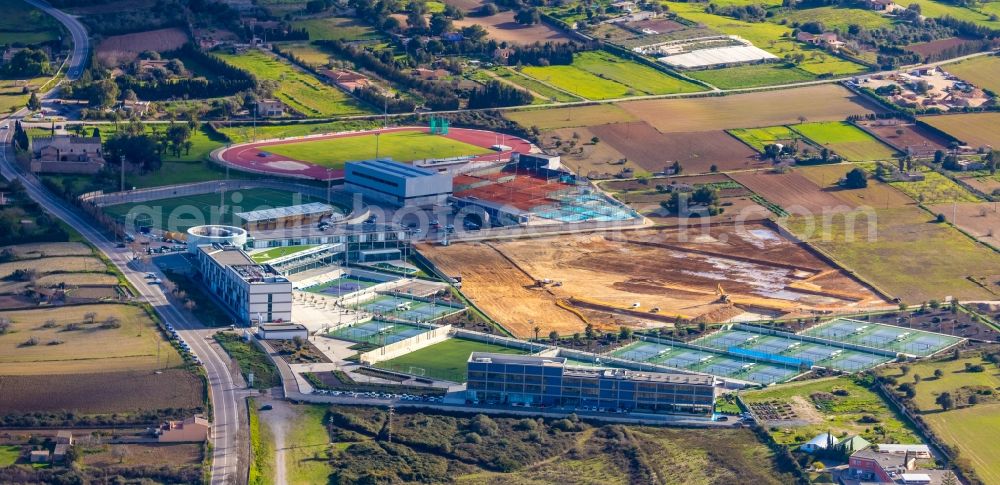 Aerial photograph Manacor - Construction of new Ensemble of sports grounds Rafa Nadal Academy by Movistar in Manacor in Balearische Insel Mallorca, Spain