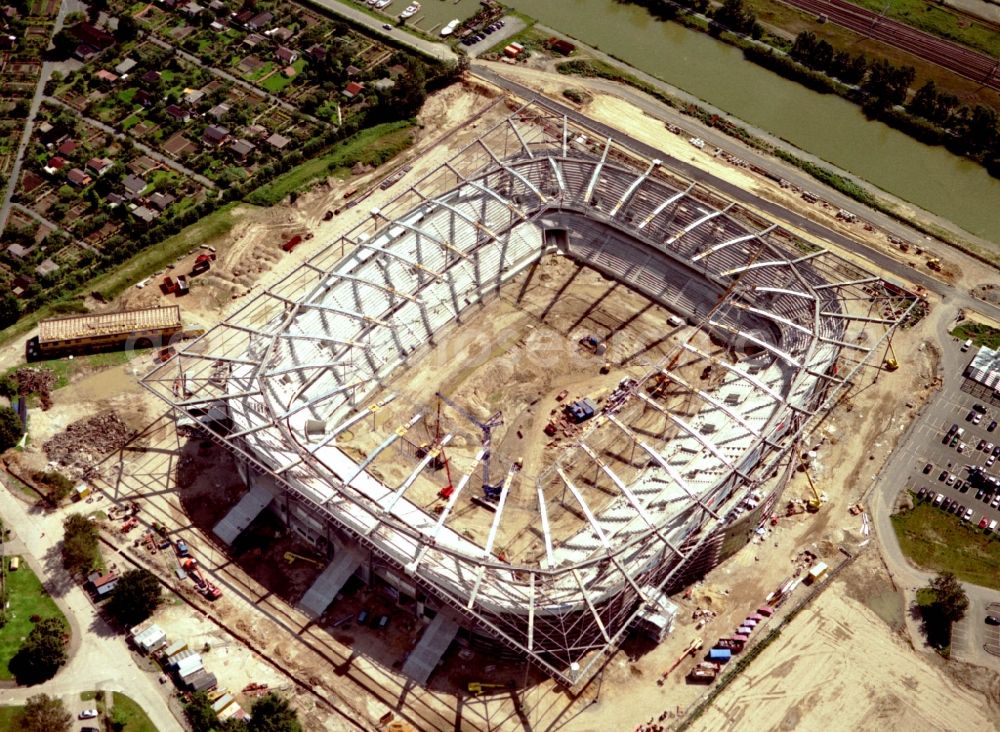 Aerial photograph Wolfsburg - Construction site of Grounds of the Arena stadium Volkswagen Arena In den Allerwiesen in the district Sonderbezirk in Wolfsburg in the state Lower Saxony, Germany