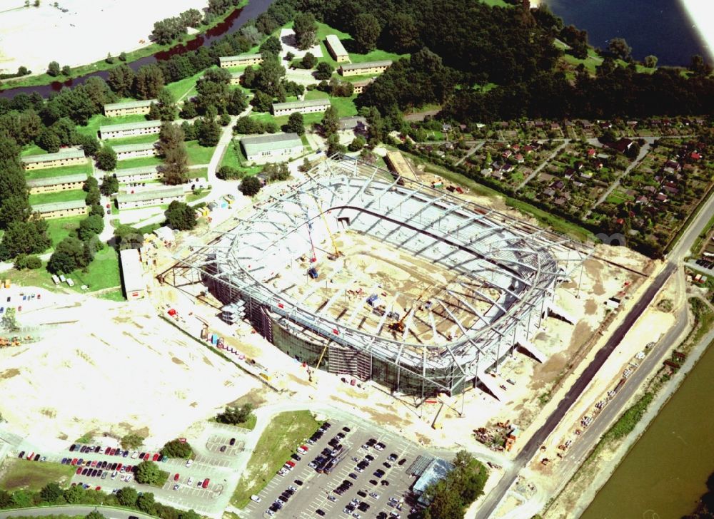 Aerial image Wolfsburg - Construction site of Grounds of the Arena stadium Volkswagen Arena In den Allerwiesen in the district Sonderbezirk in Wolfsburg in the state Lower Saxony, Germany