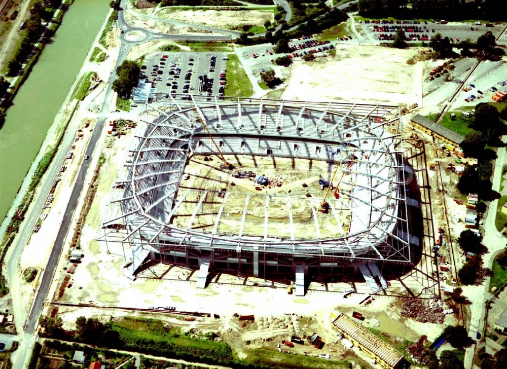 Aerial photograph Wolfsburg - Construction site of Grounds of the Arena stadium Volkswagen Arena In den Allerwiesen in the district Sonderbezirk in Wolfsburg in the state Lower Saxony, Germany