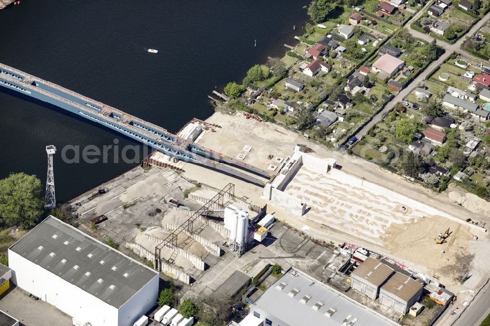 Berlin from above - River - bridge construction over the Spree as part of the South-East-Connection (SOV) in the area of Schoeneweide in Berlin in Germany. The new bridge will connect Koepenicker Landstrasse and Rummelsburger Strasse