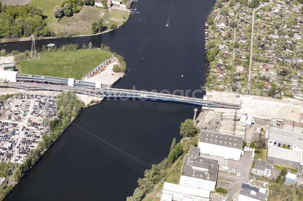 Berlin from above - River - bridge construction over the Spree as part of the South-East-Connection (SOV) in the area of Schoeneweide in Berlin in Germany. The new bridge will connect Koepenicker Landstrasse and Rummelsburger Strasse