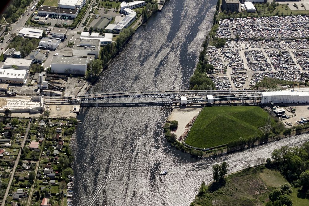 Berlin from above - River - bridge construction over the Spree as part of the South-East-Connection (SOV) in the area of Schoeneweide in Berlin in Germany. The new bridge will connect Koepenicker Landstrasse and Rummelsburger Strasse