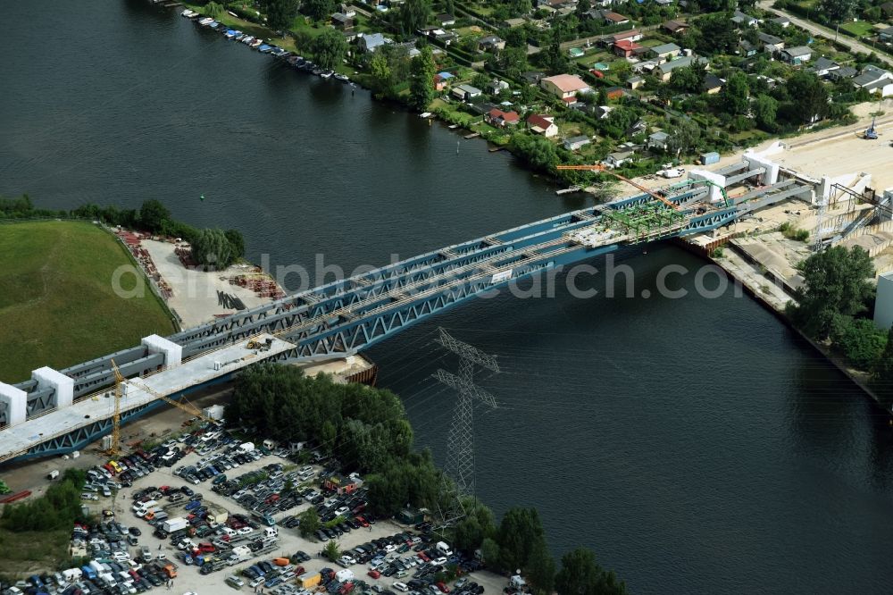 Berlin from above - River - bridge construction over the Spree as part of the South-East-Connection (SOV) in the area of Schoeneweide in Berlin in Germany. The new bridge will connect Koepenicker Landstrasse and Rummelsburger Strasse