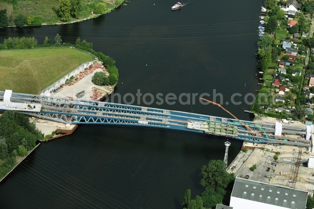 Berlin from above - River - bridge construction over the Spree as part of the South-East-Connection (SOV) in the area of Schoeneweide in Berlin in Germany. The new bridge will connect Koepenicker Landstrasse and Rummelsburger Strasse