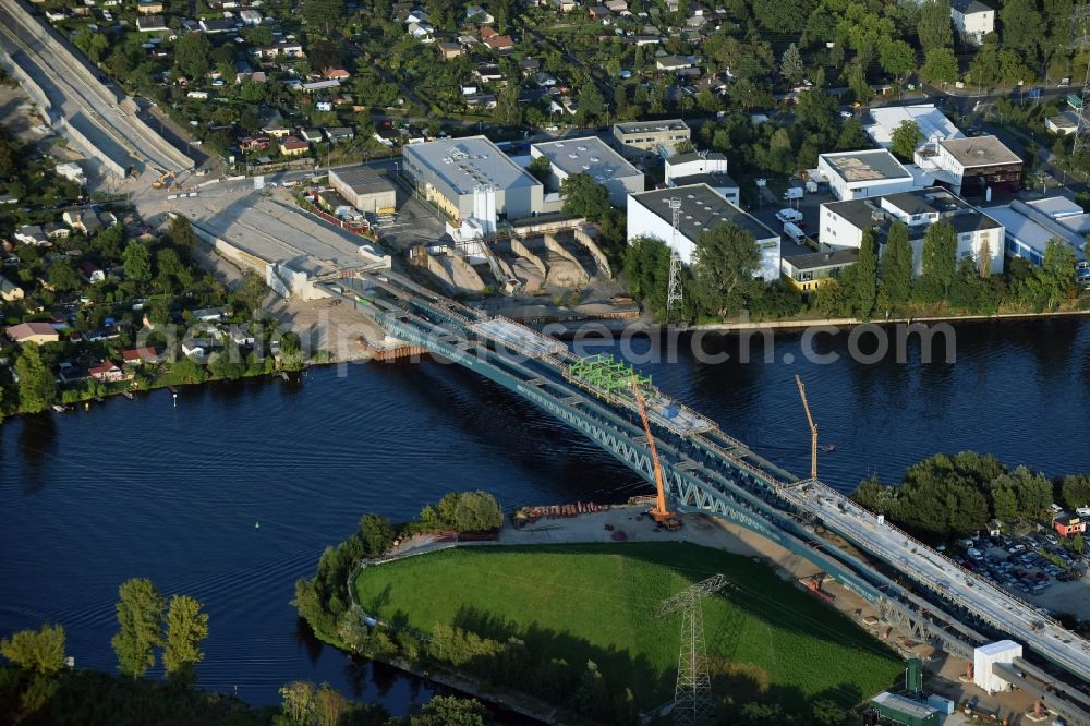 Berlin from above - River - bridge construction over the Spree as part of the South-East-Connection (SOV) in the area of Schoeneweide in Berlin in Germany. The new bridge will connect Koepenicker Landstrasse and Rummelsburger Strasse