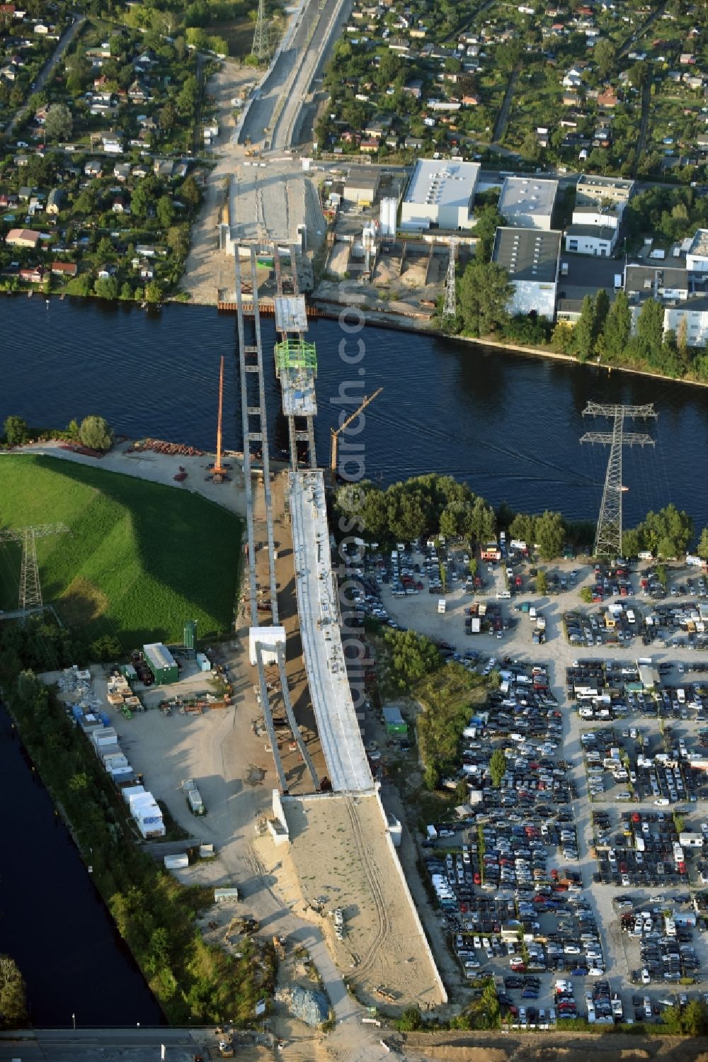 Berlin from above - River - bridge construction over the Spree as part of the South-East-Connection (SOV) in the area of Schoeneweide in Berlin in Germany. The new bridge will connect Koepenicker Landstrasse and Rummelsburger Strasse