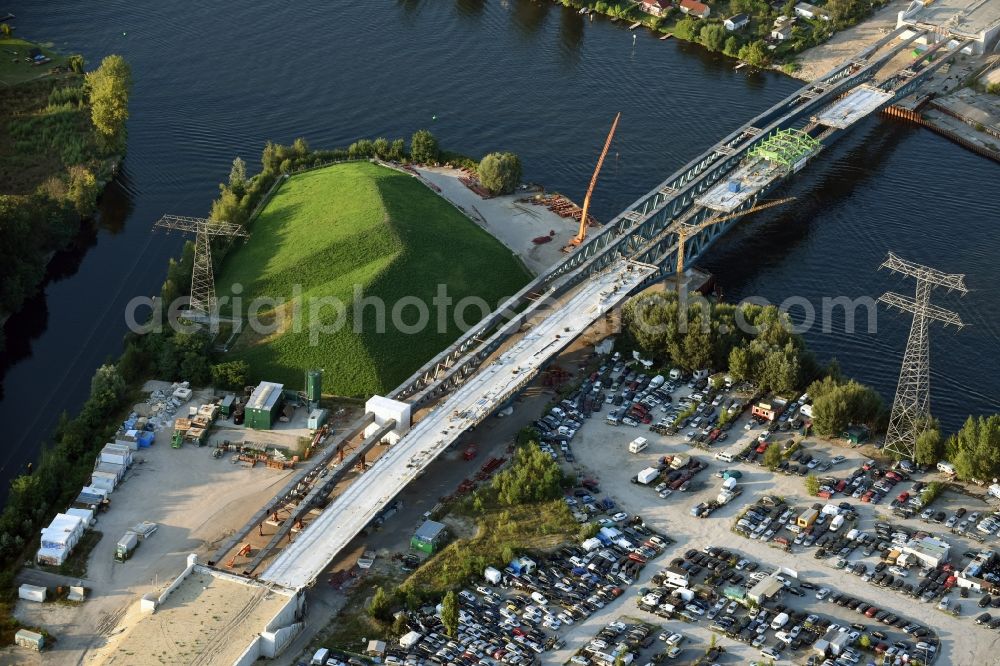 Berlin from above - River - bridge construction over the Spree as part of the South-East-Connection (SOV) in the area of Schoeneweide in Berlin in Germany. The new bridge will connect Koepenicker Landstrasse and Rummelsburger Strasse