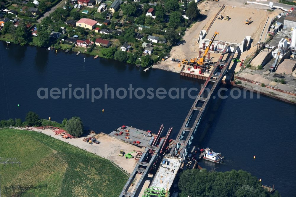 Berlin from above - River - bridge construction over the Spree as part of the South-East-Connection (SOV) in the area of Schoeneweide in Berlin in Germany. The new bridge will connect Koepenicker Landstrasse and Rummelsburger Strasse