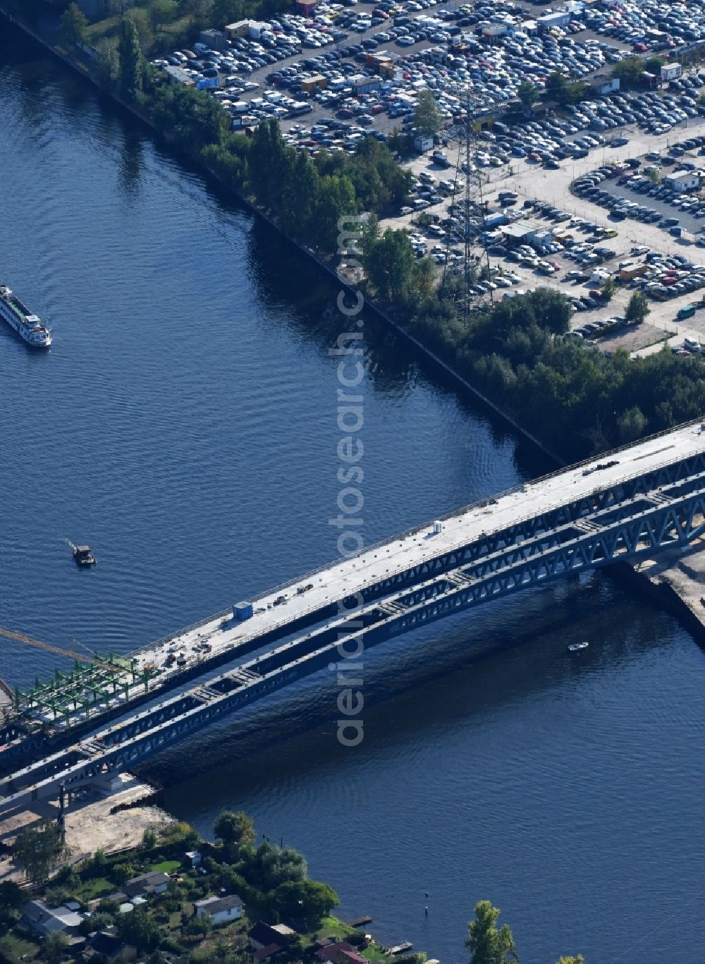 Berlin from above - River - bridge construction over the Spree as part of the South-East-Connection (SOV) in the area of Schoeneweide in Berlin in Germany. The new bridge will connect Koepenicker Landstrasse and Rummelsburger Strasse