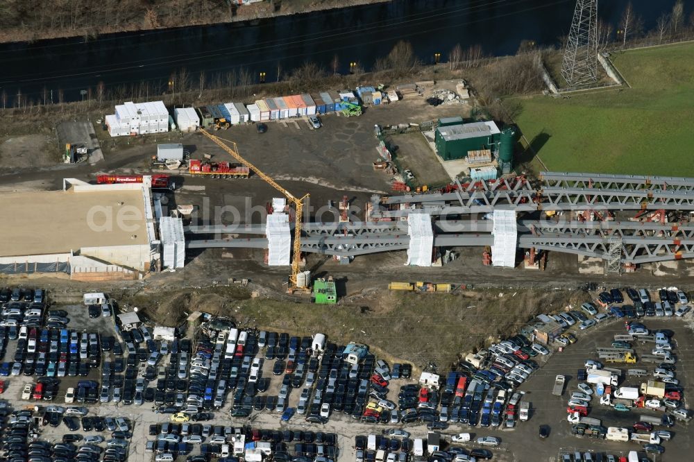 Berlin from above - Construction site Minna Todenhagen Bruecke for the new building of the Spree bridge on the south-east connection (SOV) in Berlin Schoeneweide