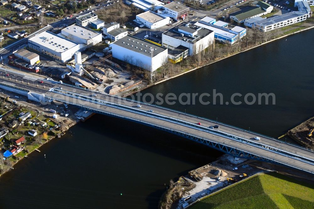 Berlin from above - Construction site for the new building of the Spree bridge on the south-east connection (SOV) in Berlin Schoeneweide