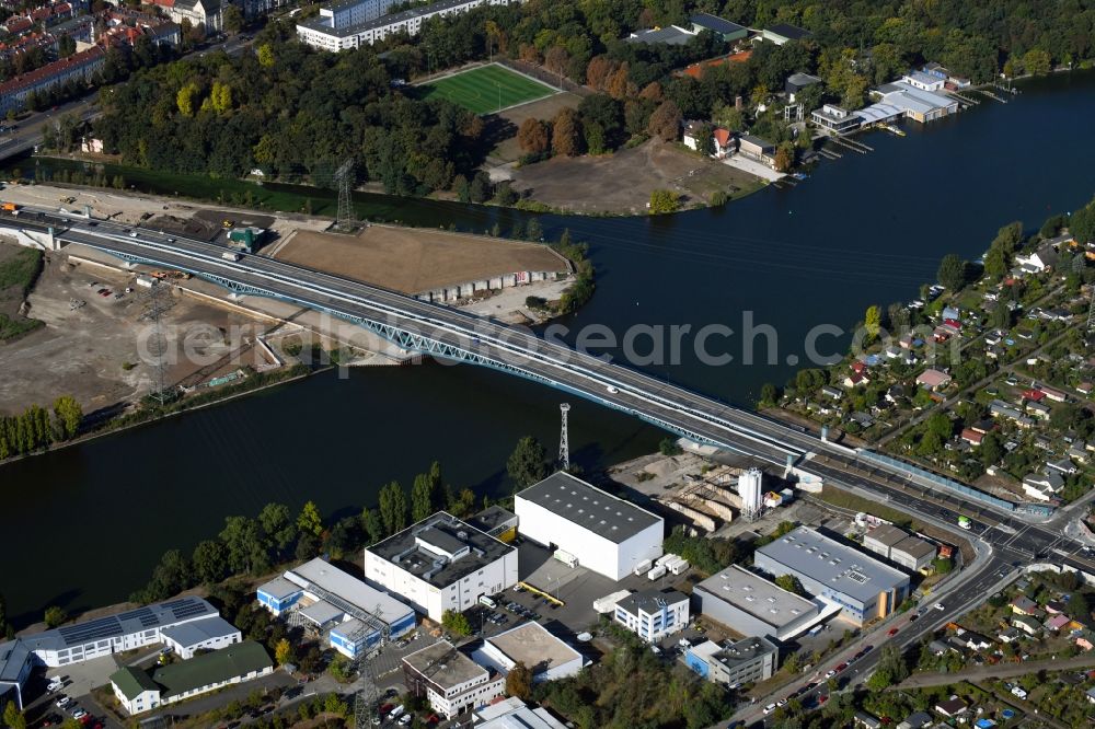 Berlin from above - Construction site for the new building of the Spree bridge on the south-east connection (SOV) in Berlin Schoeneweide