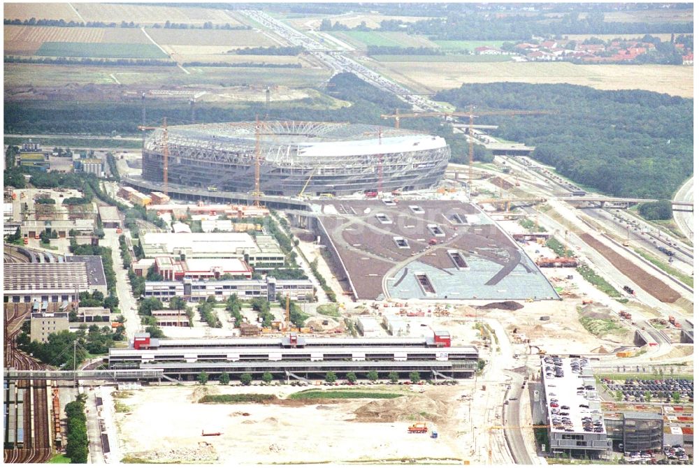 München from the bird's eye view: Construction site of sports facility grounds of the Arena stadium Allianz Arena on Werner-Heisenberg-Allee in Munich in the state Bavaria, Germany