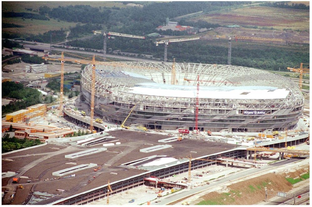 Aerial photograph München - Construction site of sports facility grounds of the Arena stadium Allianz Arena on Werner-Heisenberg-Allee in Munich in the state Bavaria, Germany