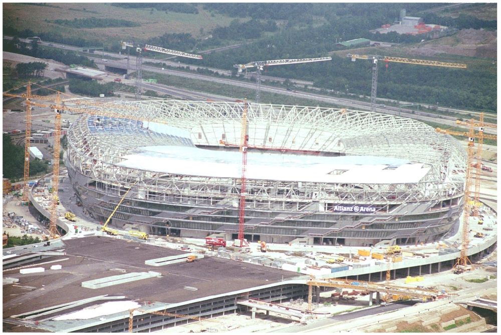 München from above - Construction site of sports facility grounds of the Arena stadium Allianz Arena on Werner-Heisenberg-Allee in Munich in the state Bavaria, Germany