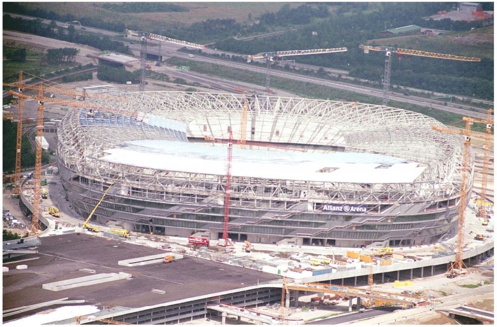 München from the bird's eye view: Construction site of sports facility grounds of the Arena stadium Allianz Arena on Werner-Heisenberg-Allee in Munich in the state Bavaria, Germany