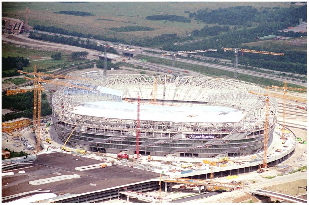 Aerial image München - Construction site of sports facility grounds of the Arena stadium Allianz Arena on Werner-Heisenberg-Allee in Munich in the state Bavaria, Germany