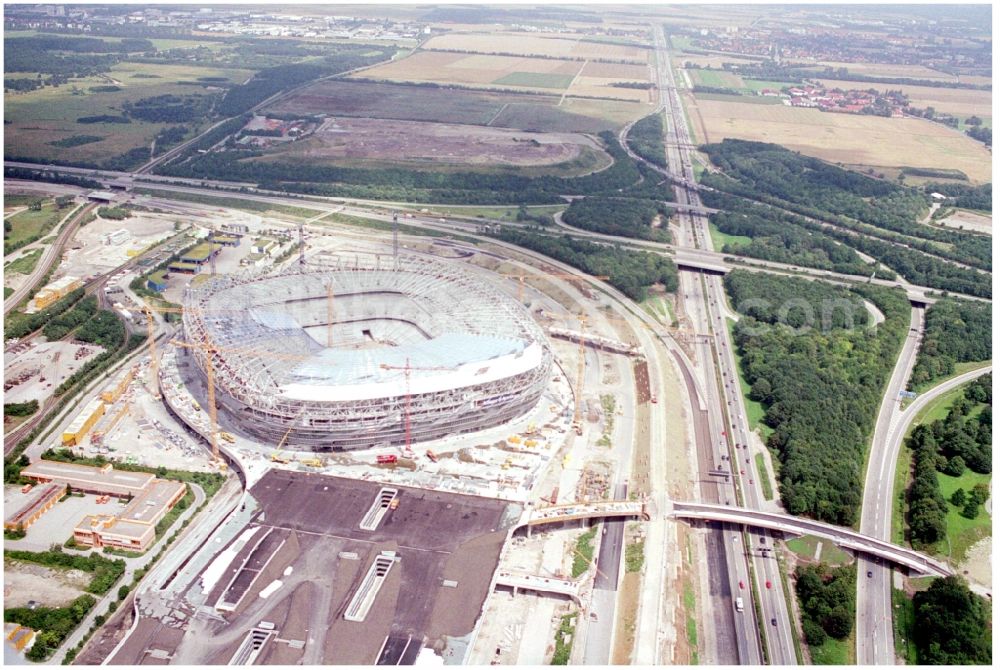 Aerial photograph München - Construction site of sports facility grounds of the Arena stadium Allianz Arena on Werner-Heisenberg-Allee in Munich in the state Bavaria, Germany