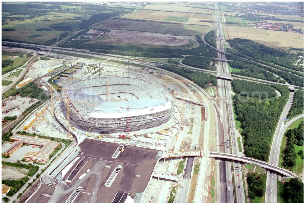 München from above - Construction site of sports facility grounds of the Arena stadium Allianz Arena on Werner-Heisenberg-Allee in Munich in the state Bavaria, Germany