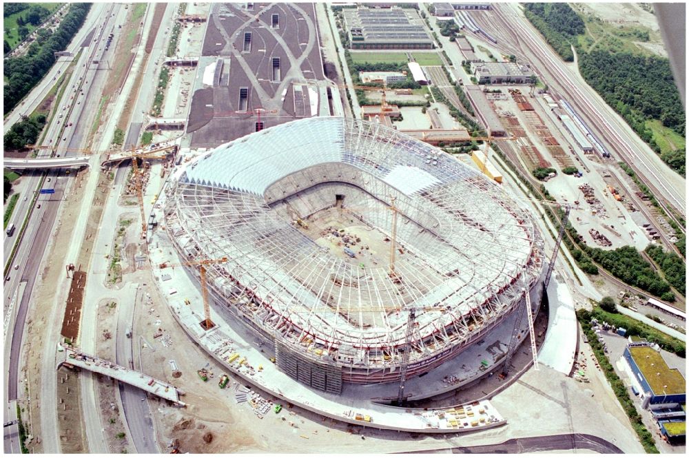 München from the bird's eye view: Construction site of sports facility grounds of the Arena stadium Allianz Arena on Werner-Heisenberg-Allee in Munich in the state Bavaria, Germany