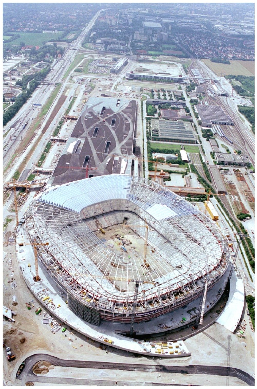 Aerial image München - Construction site of sports facility grounds of the Arena stadium Allianz Arena on Werner-Heisenberg-Allee in Munich in the state Bavaria, Germany