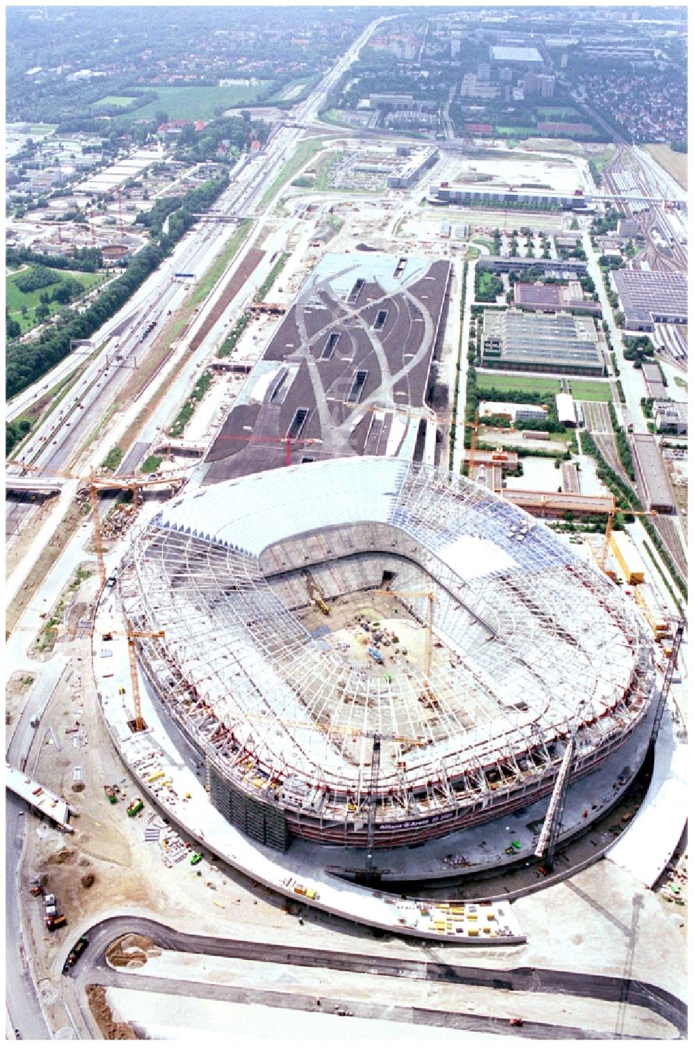 Aerial photograph München - Construction site of sports facility grounds of the Arena stadium Allianz Arena on Werner-Heisenberg-Allee in Munich in the state Bavaria, Germany