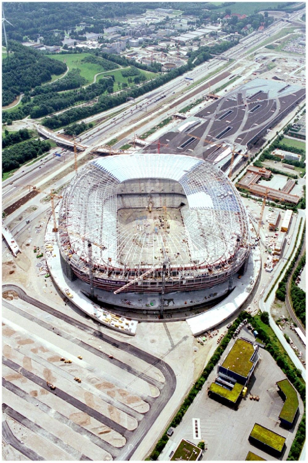 München from above - Construction site of sports facility grounds of the Arena stadium Allianz Arena on Werner-Heisenberg-Allee in Munich in the state Bavaria, Germany