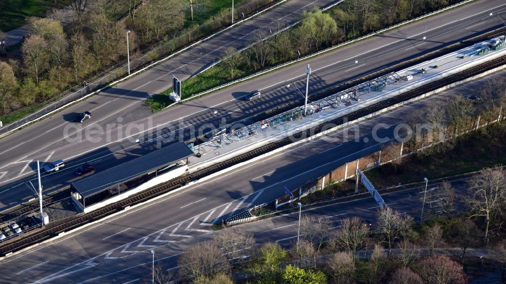 Aerial photograph Bonn - New Building Light rail stop Rheinaue in Bonn in the state North Rhine-Westphalia, Germany