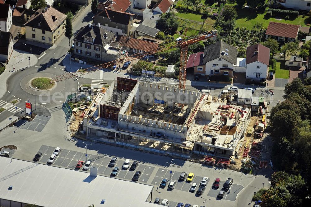 Dieburg from the bird's eye view: Blick auf den Neubau der Stadthalle, die den Namen Römerhalle tragen soll. Bauherr: Magistrat der Stadt Dieburg. Bauleitung: Braun Schlockermann Dreesen Planungsggesellschaft mbH. View of the new building of the town hall, which is to bear the name of Roman Hall. Building owner: Magistrate of the city of Dieburg. Construction management: Braun Schlockermann Dreesen Planungsggesellschaft mbH.