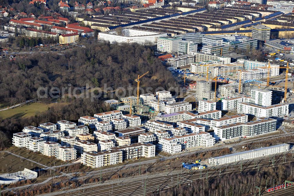 München from above - View of newly constructed residential complex on Wilhelm - Hale - St. in Munich Neuhausen. The urban district Am Hirschgarten is to consist of park villas and first class living quarters