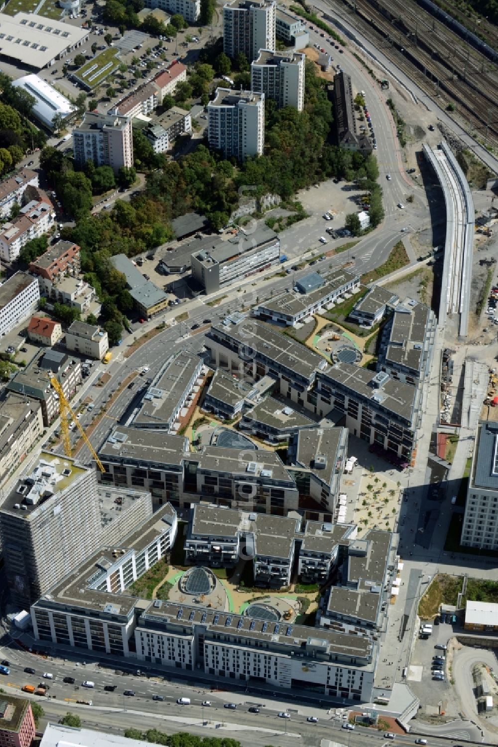 Stuttgart from above - Construction of the new district center and shopping mall Milaneo in the European district of Stuttgart in Baden-Wuerttemberg BW