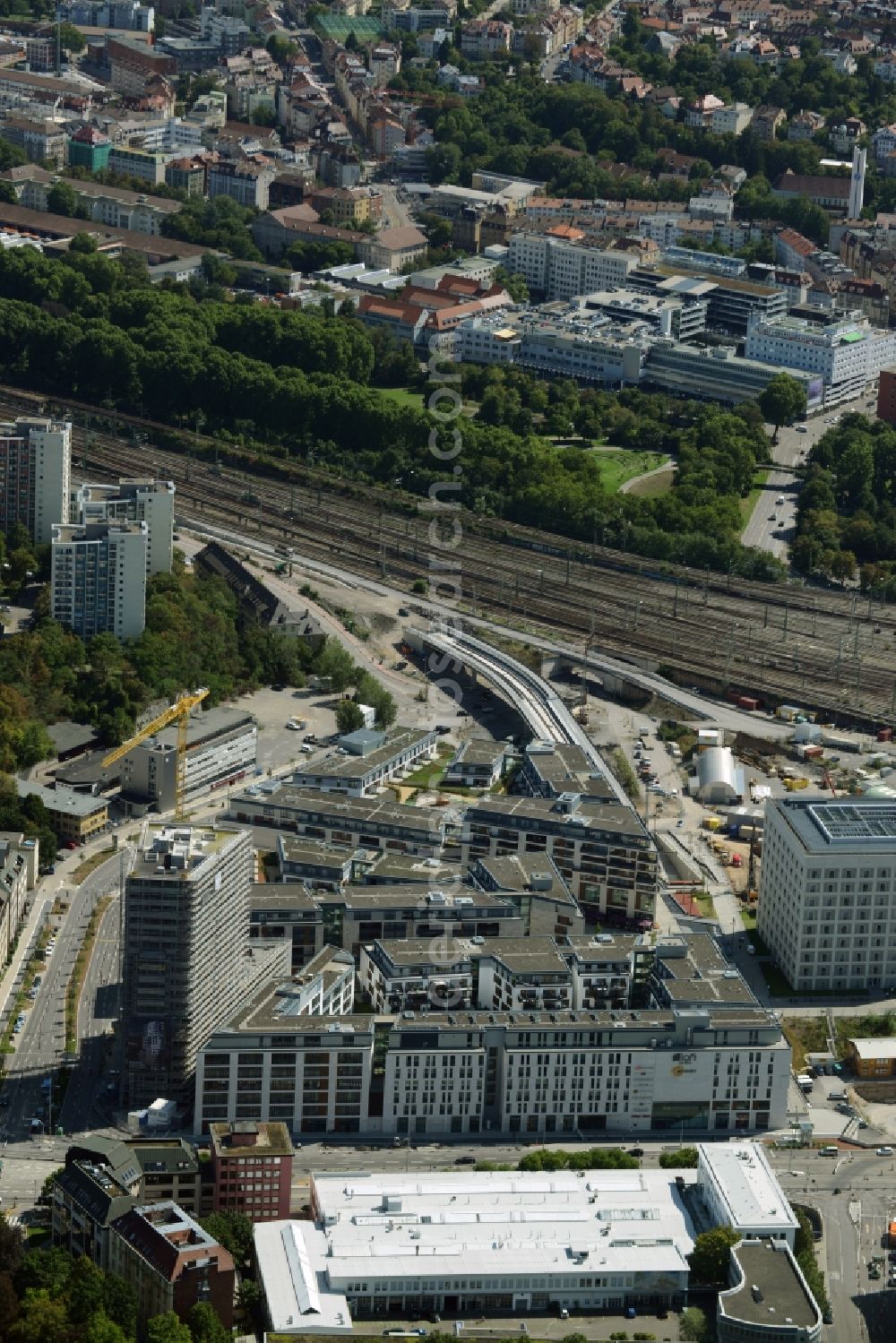 Stuttgart from the bird's eye view: Construction of the new district center and shopping mall Milaneo in the European district of Stuttgart in Baden-Wuerttemberg BW