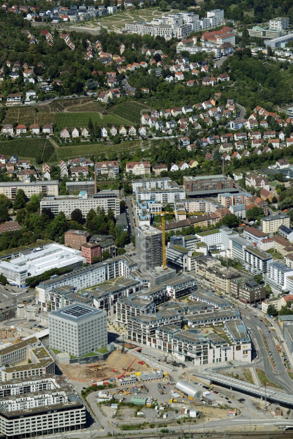 Stuttgart from above - Construction of the new district center and shopping mall Milaneo in the European district of Stuttgart in Baden-Wuerttemberg BW