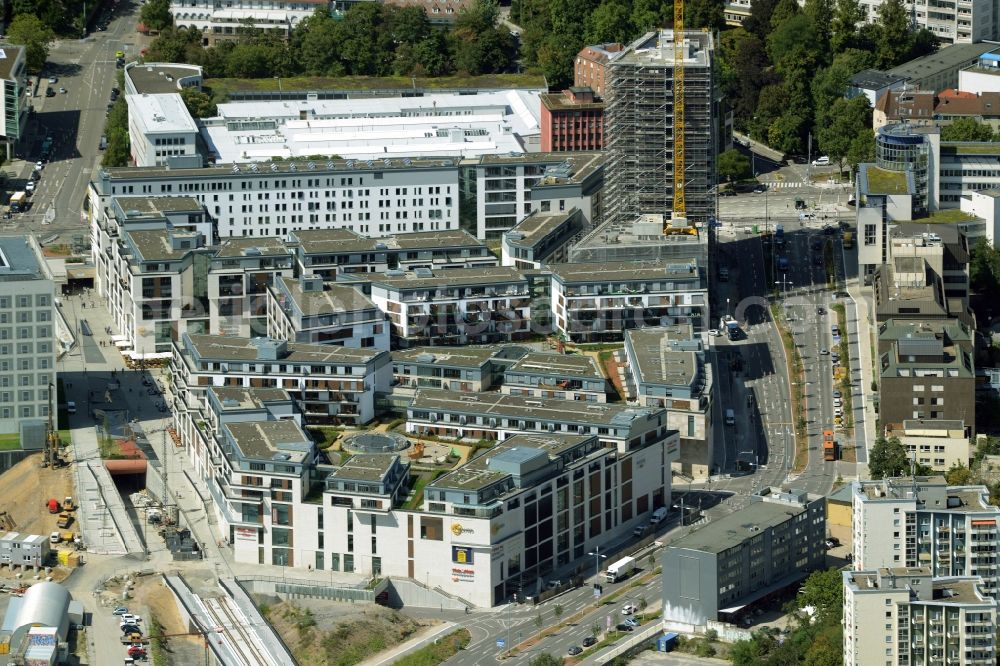 Stuttgart from above - Construction of the new district center and shopping mall Milaneo in the European district of Stuttgart in Baden-Wuerttemberg BW